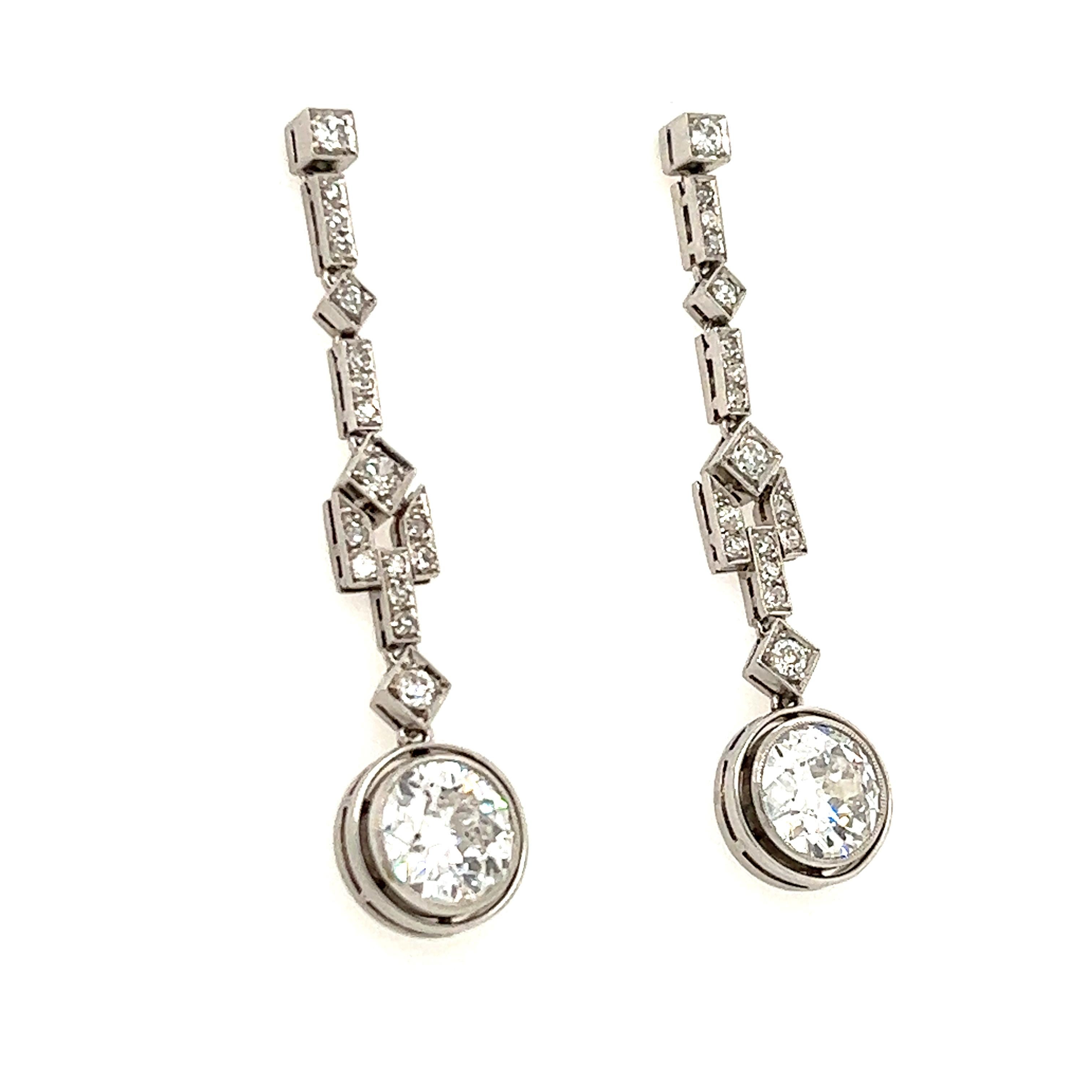 Old Mine Cut Art Deco French Made Diamond Dangling Platinum Earrings For Sale