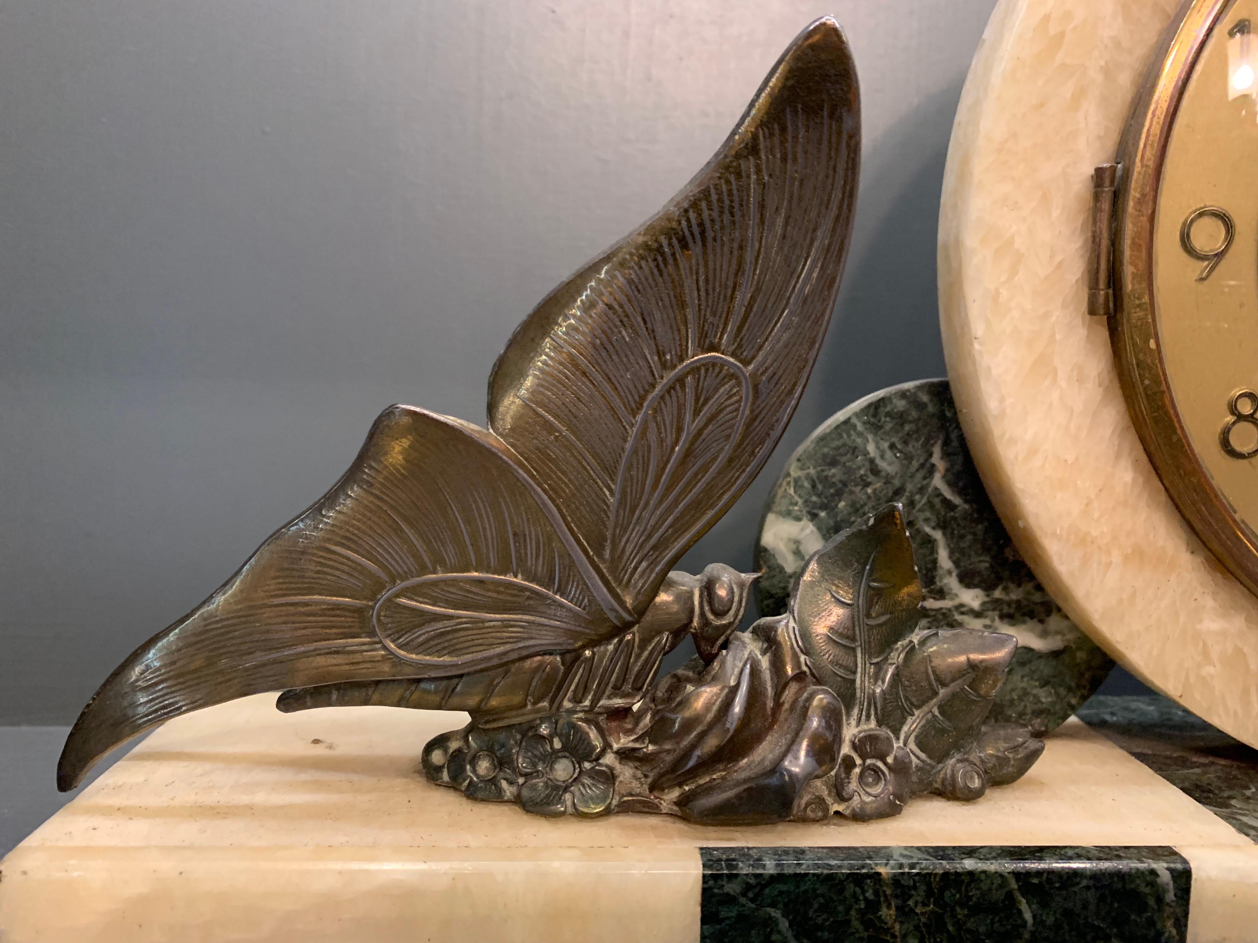 Mid-20th Century Art Deco French Mantel Clock with Butterflies For Sale