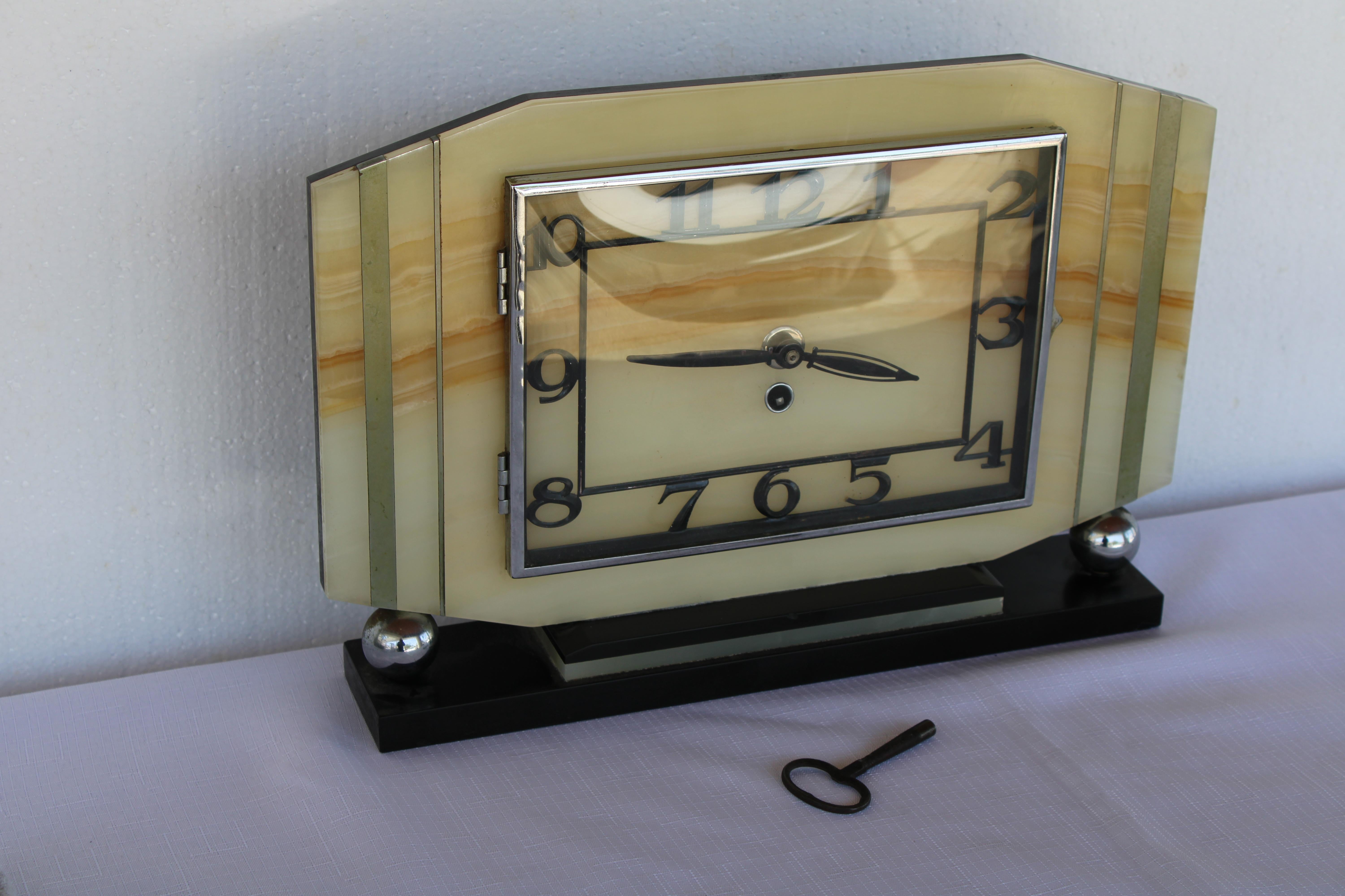 Glass Art Deco French Mantle Clock For Sale