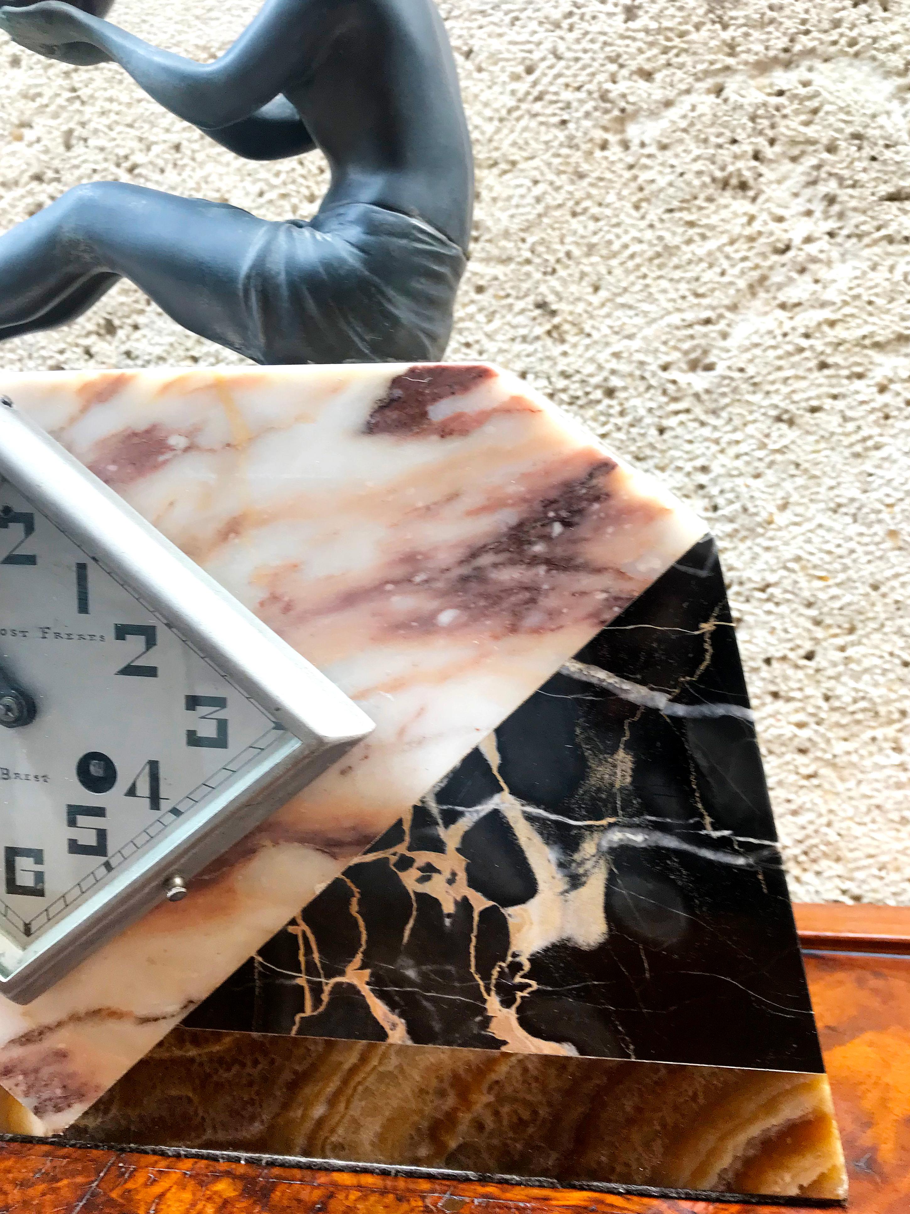 Steel Art Deco French Marble Desk Clock, circa 1920s by Pronost Freres For Sale