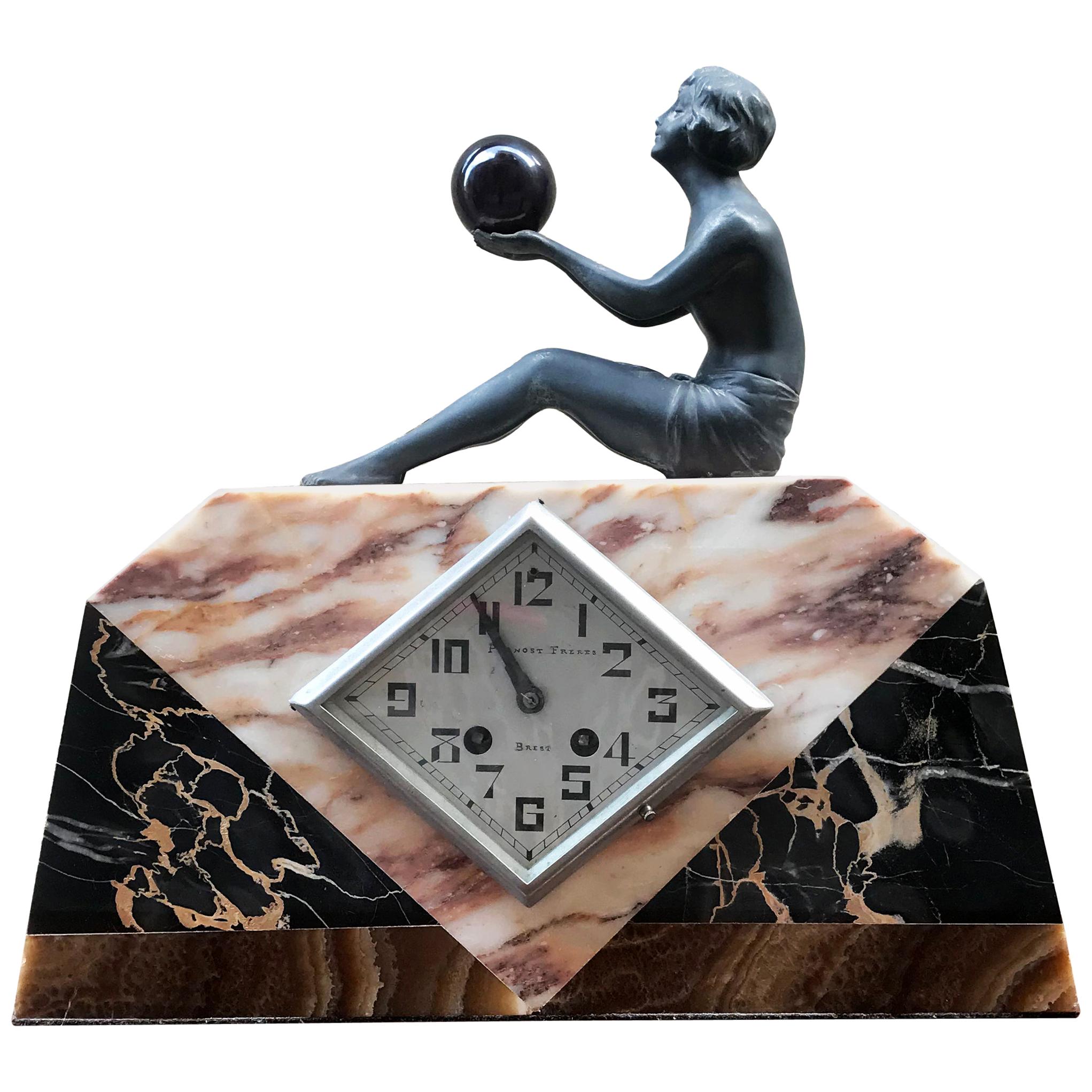 Art Deco French Marble Desk Clock, circa 1920s by Pronost Freres For Sale