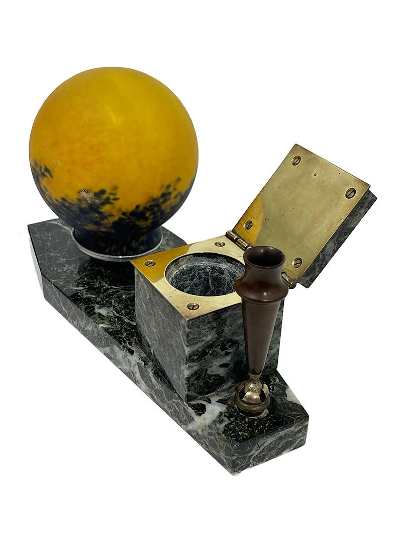 20th Century Art Deco French Marble Inkwell with Lamp, 1920 For Sale