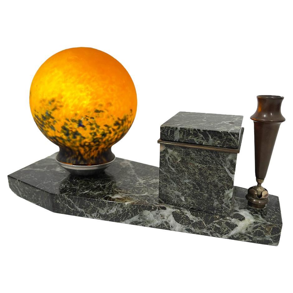 Art Deco French Marble Inkwell with Lamp, 1920 For Sale
