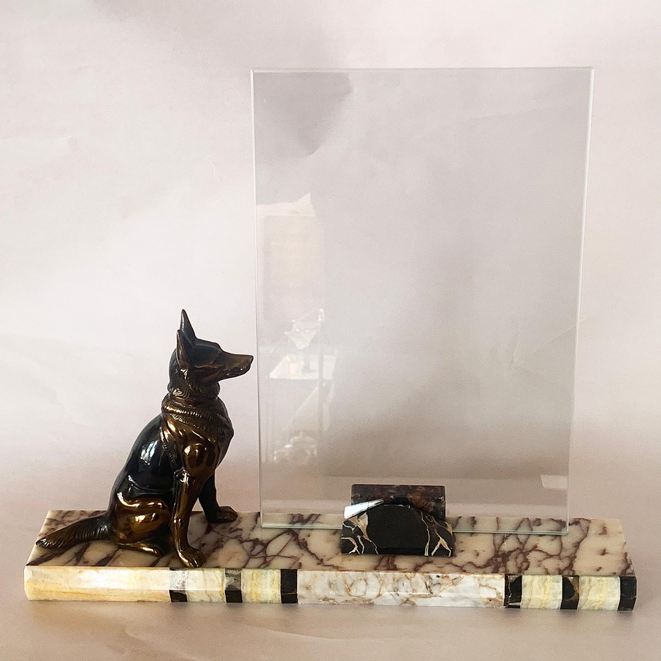 Metal Art Deco French Marble Photo Picture Frame with Alsatian Dog