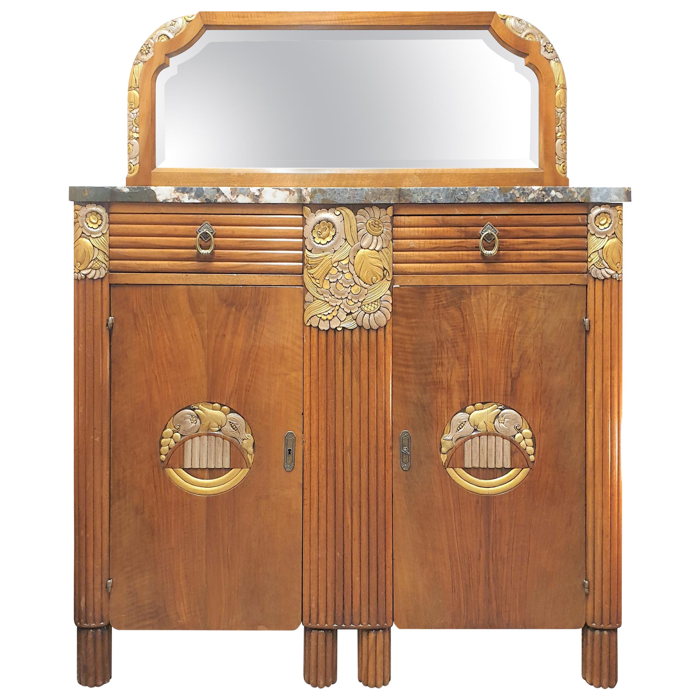 Art Deco French Marble-Top Walnut Sideboard For Sale