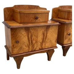 Art Deco French Matching Pair of Walnut Bedside Cabinet, Night Stands, C1930
