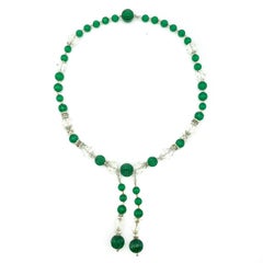 Antique Art Deco French Melon Cut Emerald Poured Glass Sautoir RARE 1920s