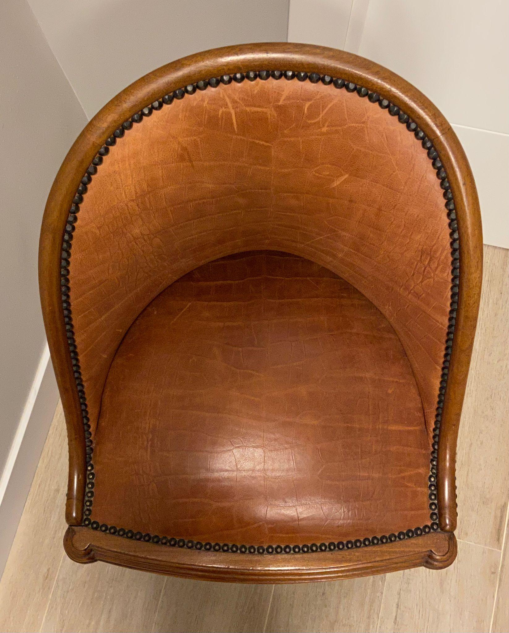 Art Deco French Mercier Frères Set of 6 Chairs Wood, Cognac Colour Leather 7