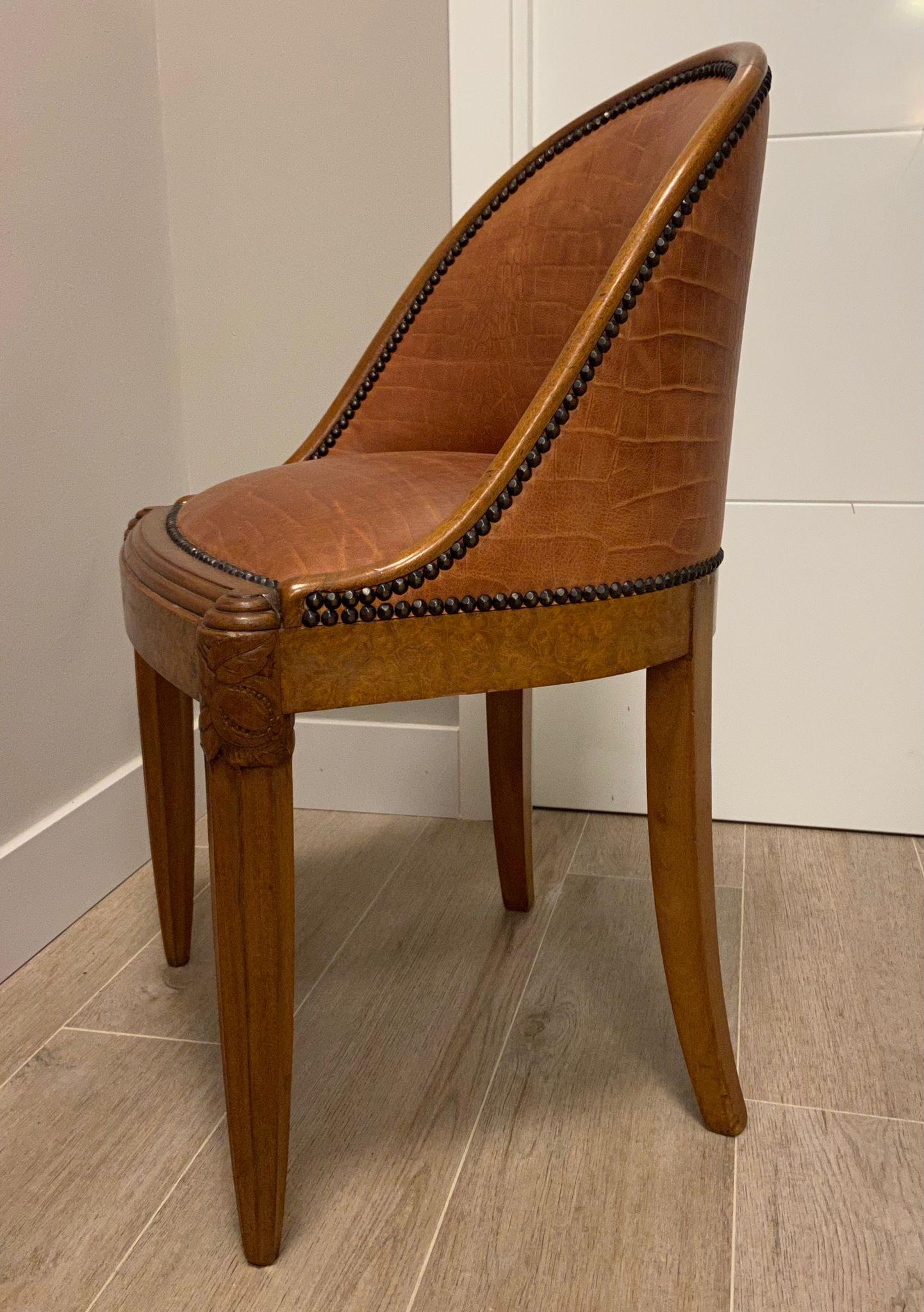 Art Deco French Mercier Frères Set of 6 Chairs Wood, Cognac Colour Leather 14