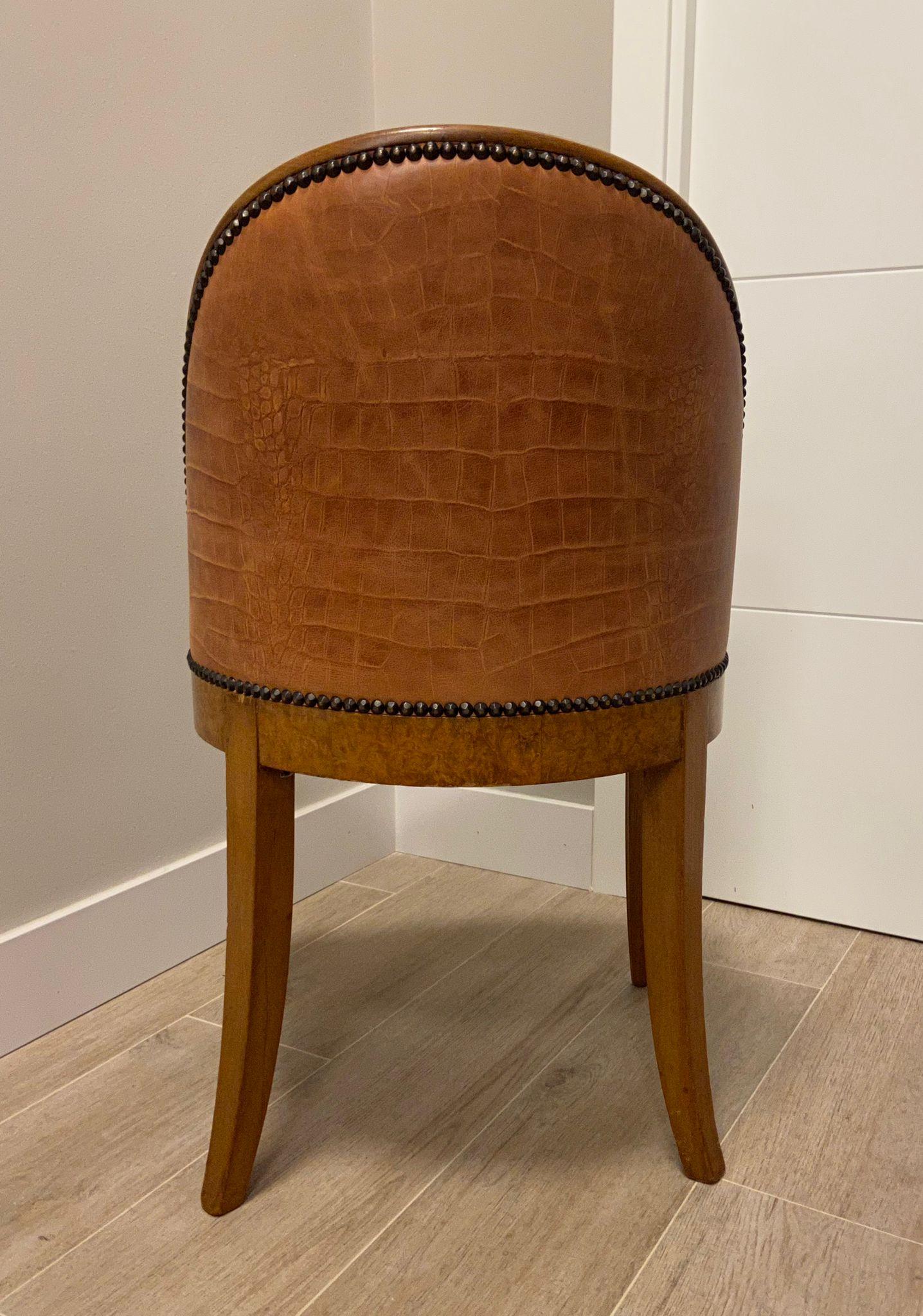 Art Deco French Mercier Frères Set of 6 Chairs Wood, Cognac Colour Leather 15