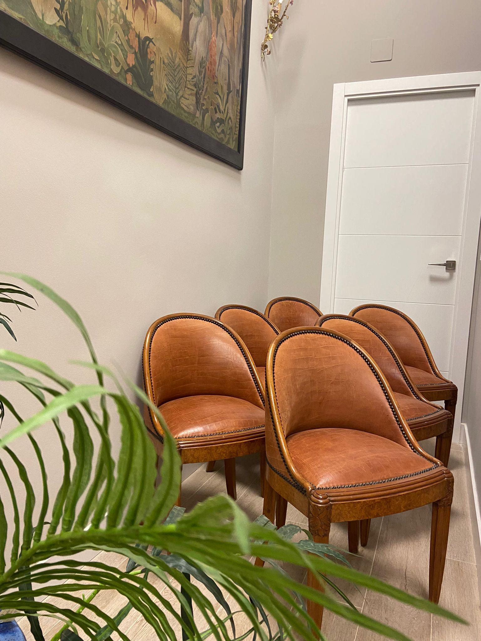 Art Deco French Mercier Frères Set of 6 Chairs Wood, Cognac Colour Leather In Good Condition In Valladolid, ES