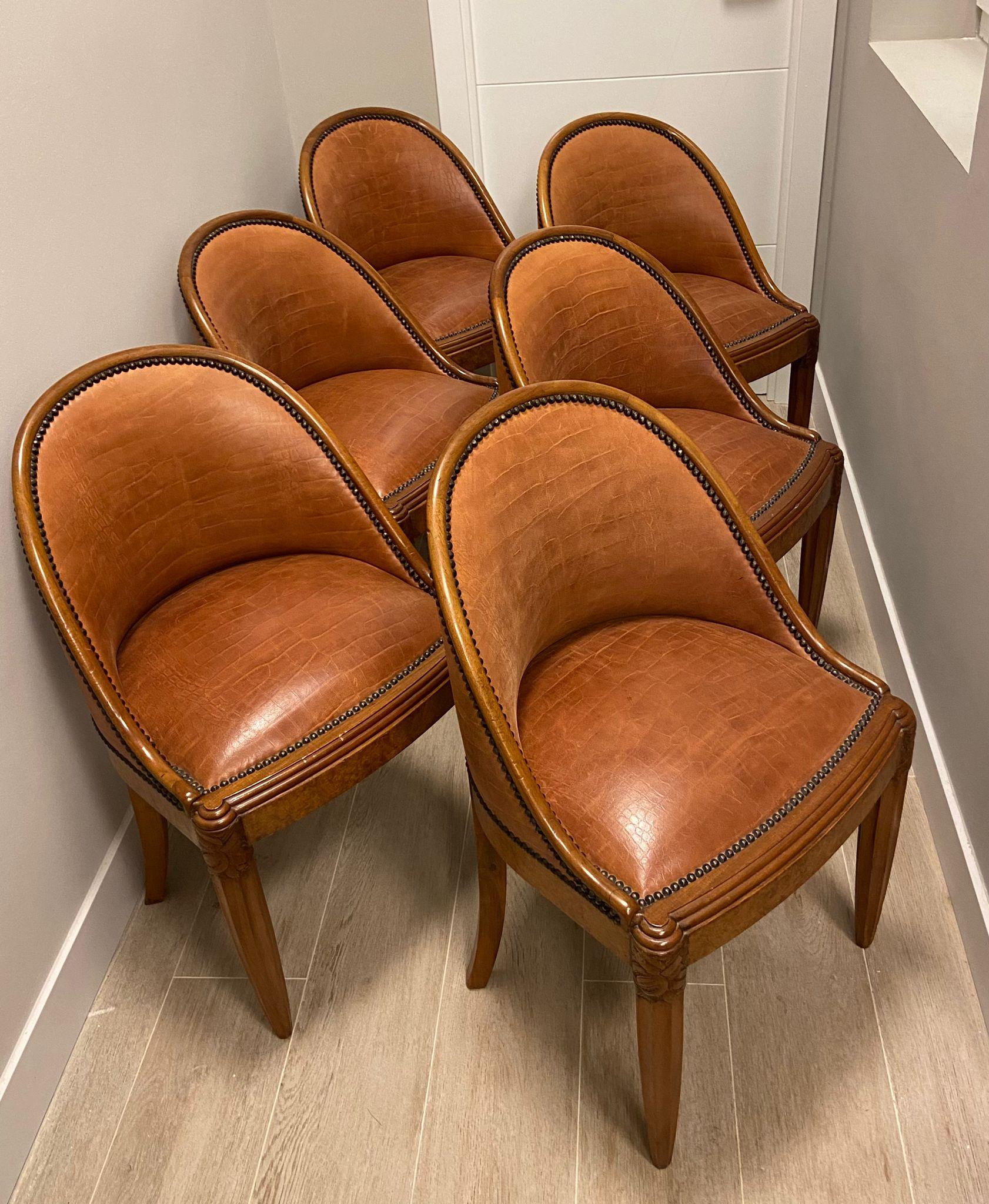 Mid-20th Century Art Deco French Mercier Frères Set of 6 Chairs Wood, Cognac Colour Leather