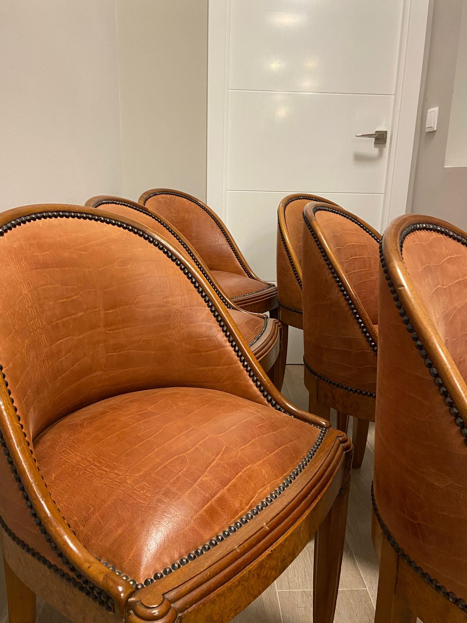 Art Deco French Mercier Frères Set of 6 Chairs Wood, Cognac Colour Leather 1