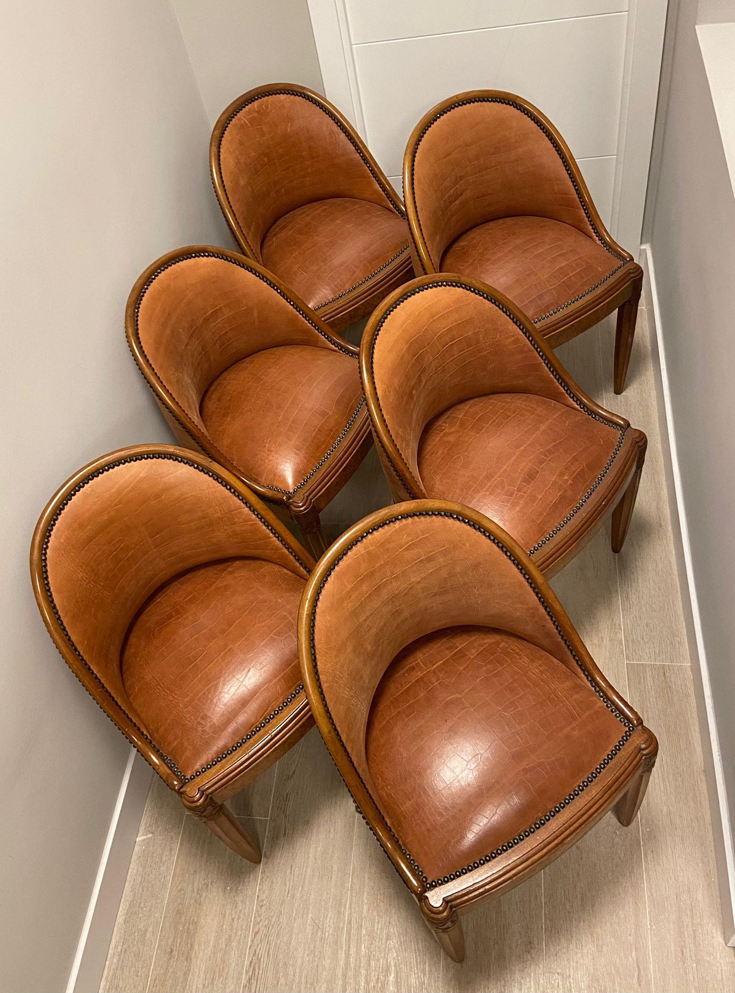 Art Deco French Mercier Frères Set of 6 Chairs Wood, Cognac Colour Leather 2