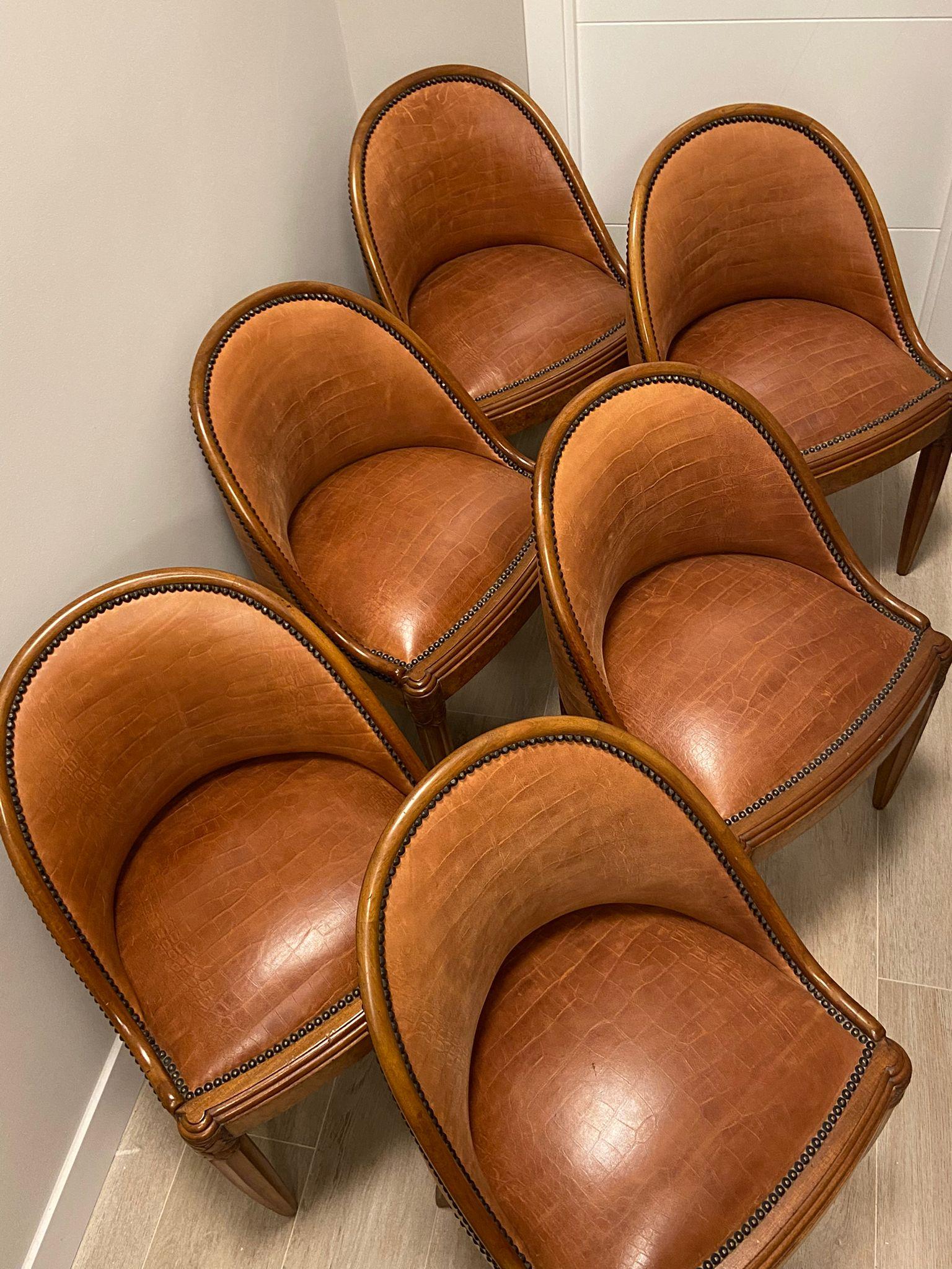 Art Deco French Mercier Frères Set of 6 Chairs Wood, Cognac Colour Leather 4