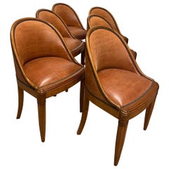Art Deco French Mercier Frères Set of 6 Chairs Wood, Cognac Colour Leather