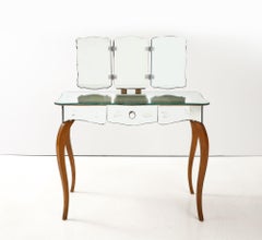 Art Deco French Mirrored Vanity on Serpentine Legs with Tri-Fold Mirror