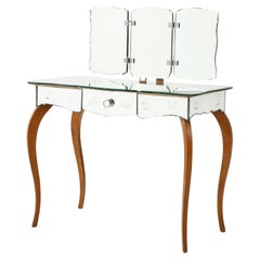 Art Deco French Mirrored Vanity on Serpentine Legs with Tri-Fold Mirror