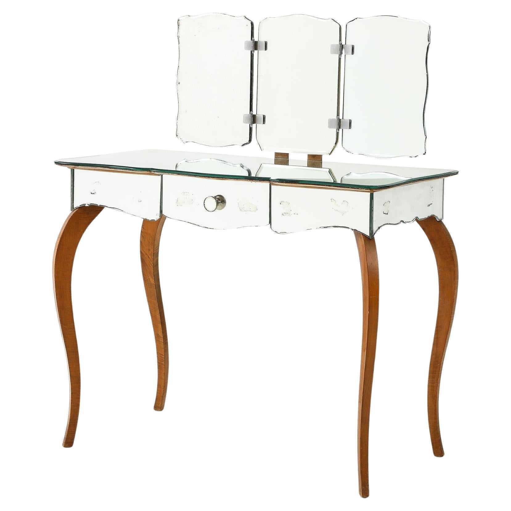Art Deco French Mirrored Vanity on Serpentine Legs with Tri-Fold Mirror