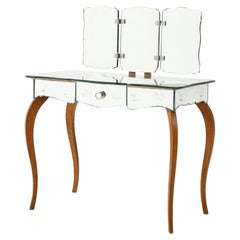 Art Deco French Mirrored Vanity on Serpentine Legs with Tri-Fold Mirror