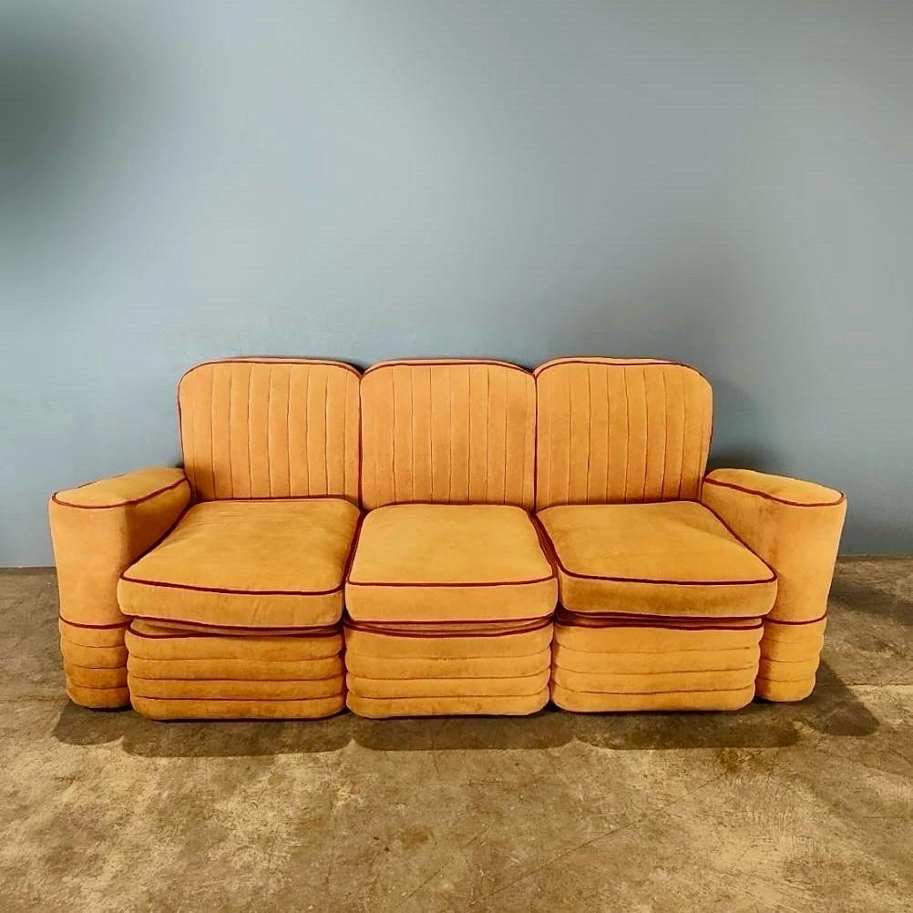New Stock ✅

Art Deco French Modular Airborne Sofa And Armchair Orange Velvet Mid Century Retro

Made between 1947 and 1952 , this rare and interesting sofa set by Airborne Industries in Art Deco style, was made in Southend-on-Sea by Lea Bridge