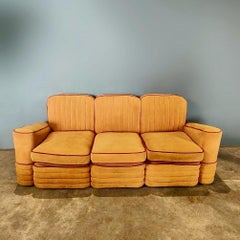 Art Deco French Modular Airborne Sofa & Armchair Orange Velvet Mid Century