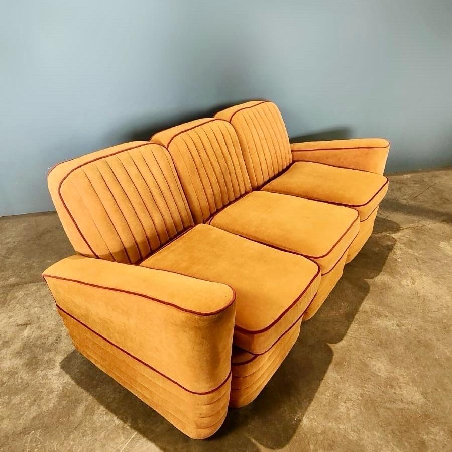 British Art Deco French Modular Airborne Sofa & Armchair Orange Velvet Mid Century For Sale