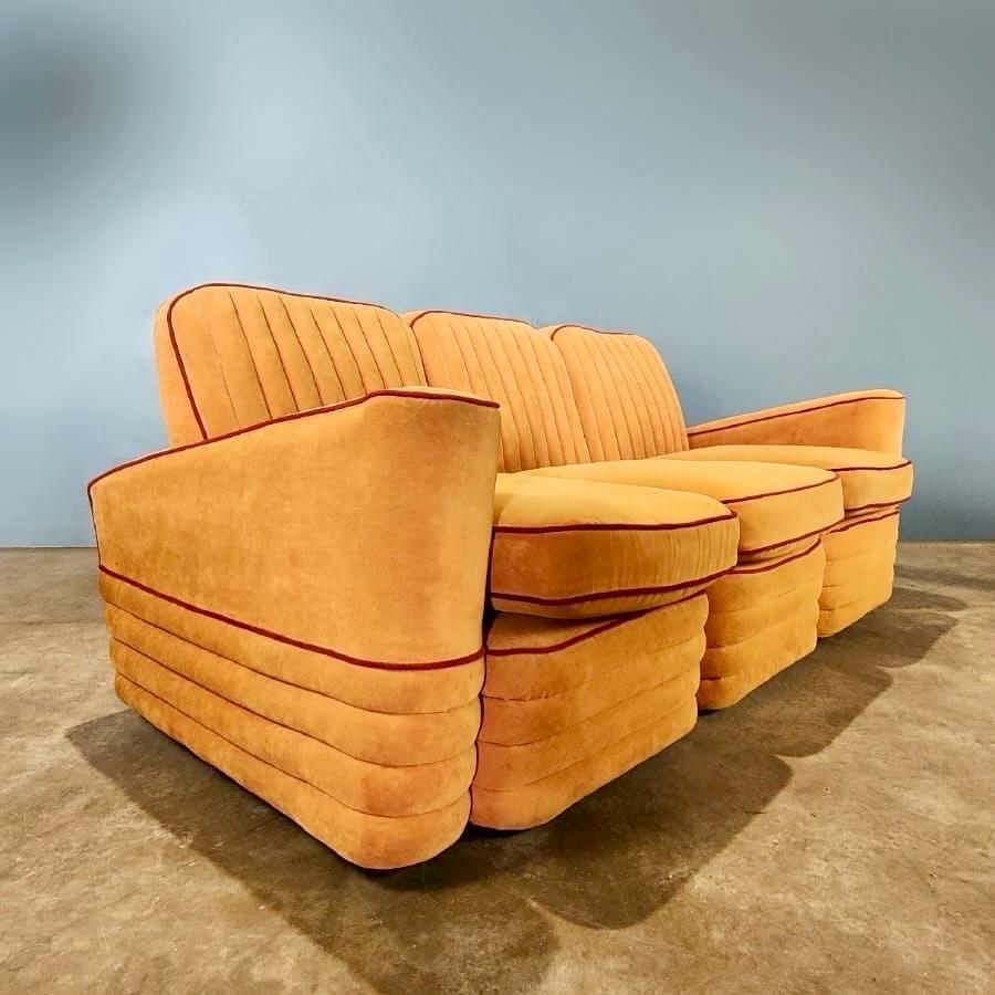 Art Deco French Modular Airborne Sofa & Armchair Orange Velvet Mid Century In Excellent Condition For Sale In Cambridge, GB