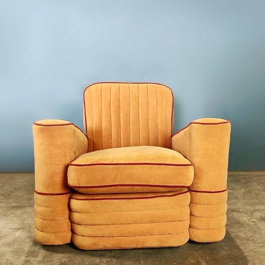 Modulares französisches Airborne-Sofa und Sessel im Art déco-Stil aus orangefarbenem Samt, Mid-Century Art déco (Metall) im Angebot