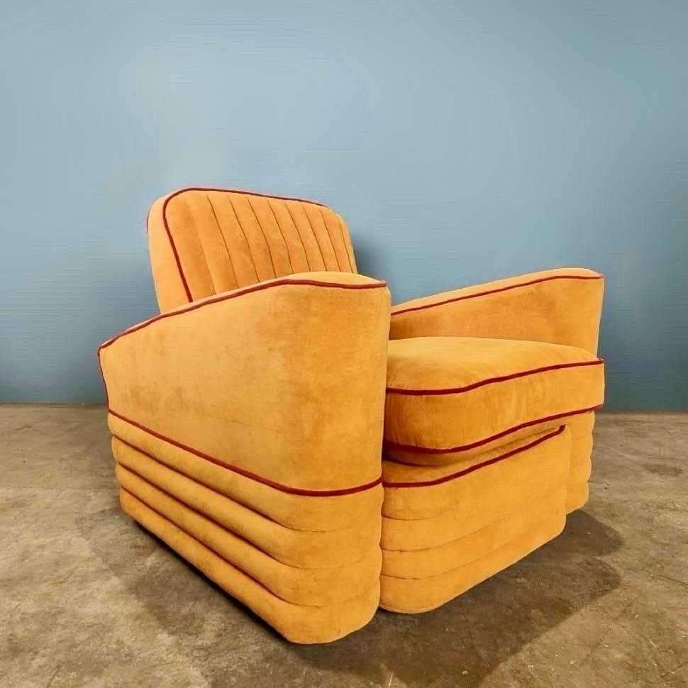 Art Deco French Modular Airborne Sofa & Armchair Orange Velvet Mid Century For Sale 1