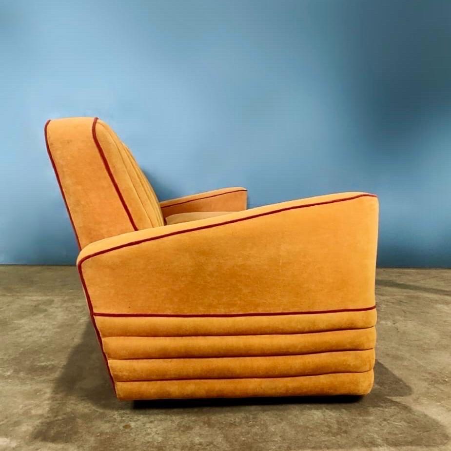 Art Deco French Modular Airborne Sofa & Armchair Orange Velvet Mid Century For Sale 2