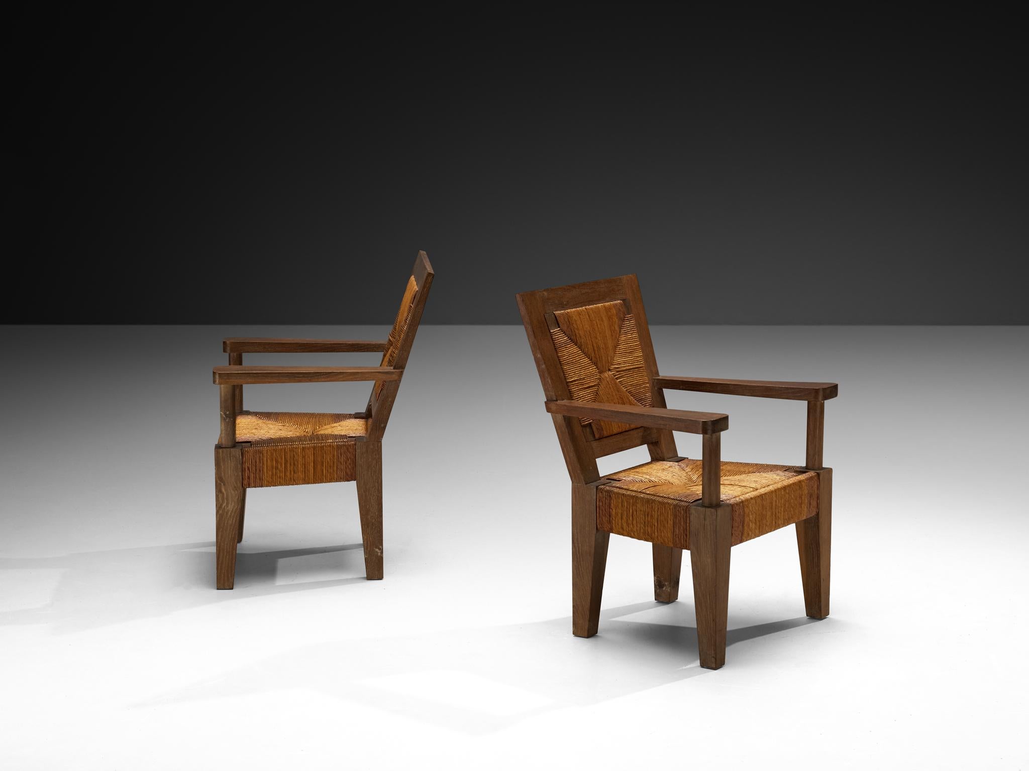 Milieu du XXe siècle Fauteuils monumentaux français Art Déco en chêne et jonc en vente