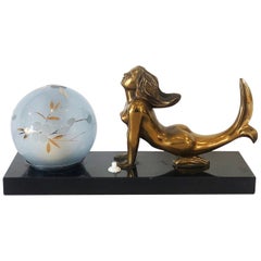 Art Deco French Mood Lamp of Mermaid on Marble Base