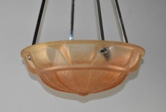 Art Deco French Muller Freres Embossed Glass and Chrome Chandelier
