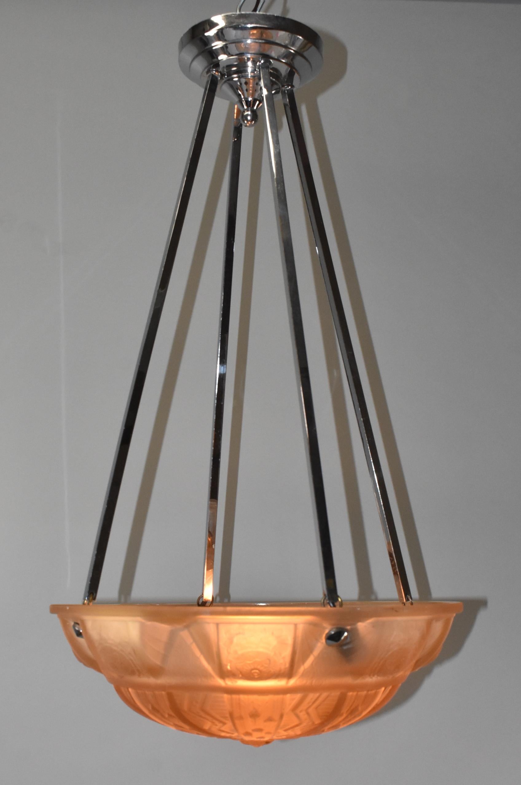 Early 20th Century Art Deco French Muller Freres Embossed Glass and Chrome Chandelier  For Sale