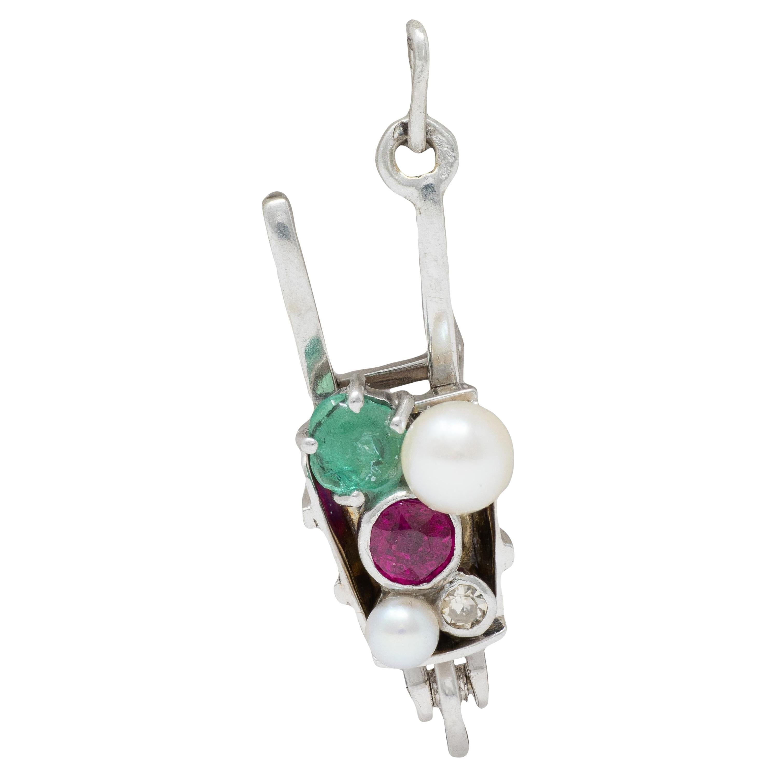 Art Deco French Multi-Gem 18 Karat White Gold Vintage Wheel Barrow Charm