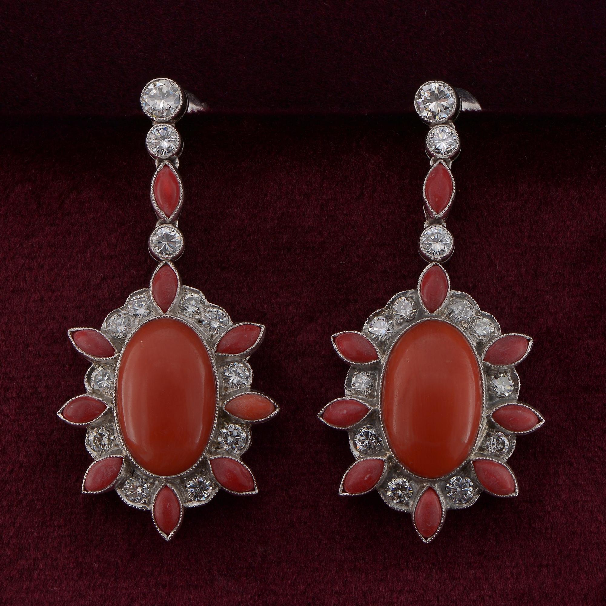 Cabochon Art Deco French Natural Red Coral 2.50 Ct Diamond Platinum earrings For Sale