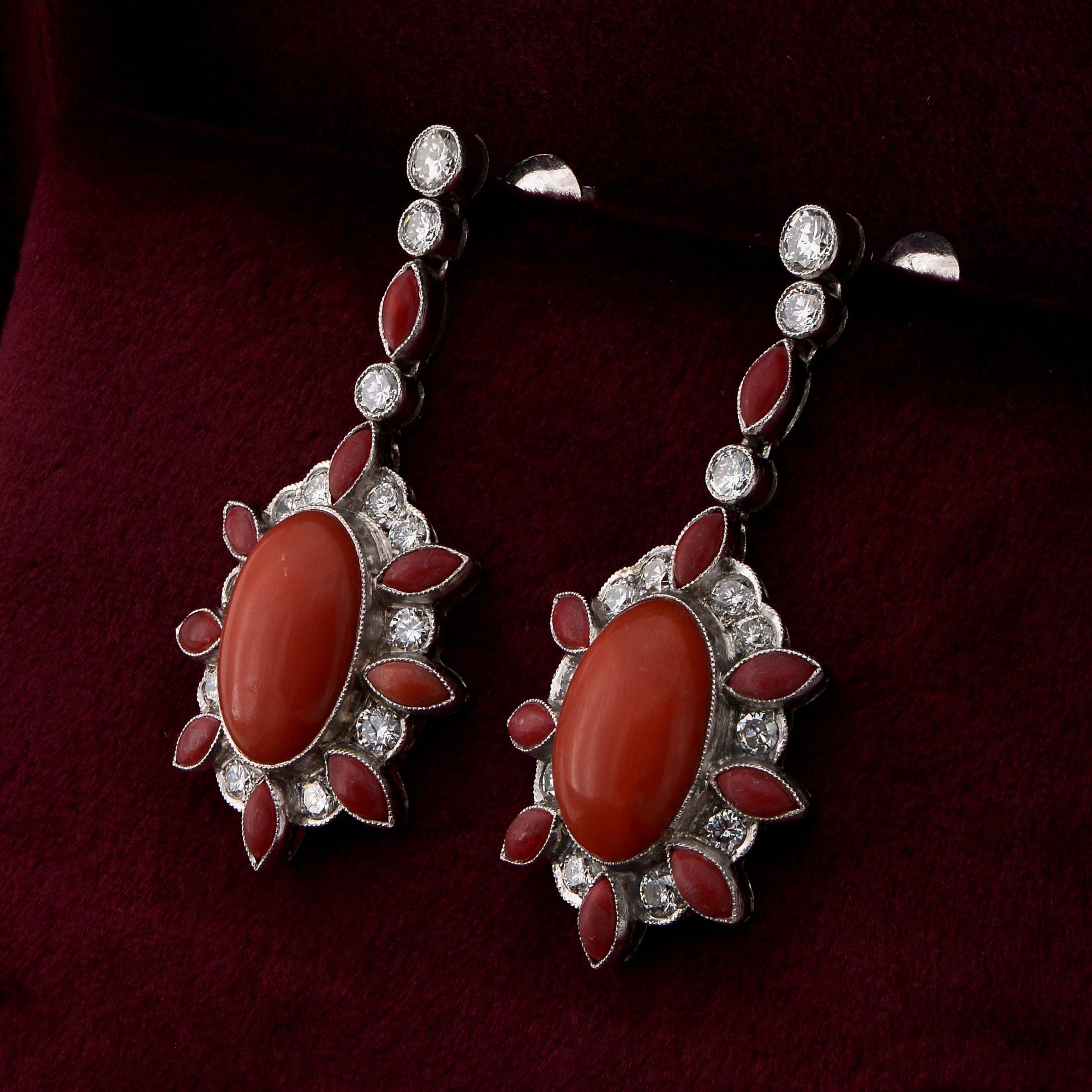 Art Deco French Natural Red Coral 2.50 Ct Diamond Platinum earrings For Sale 2