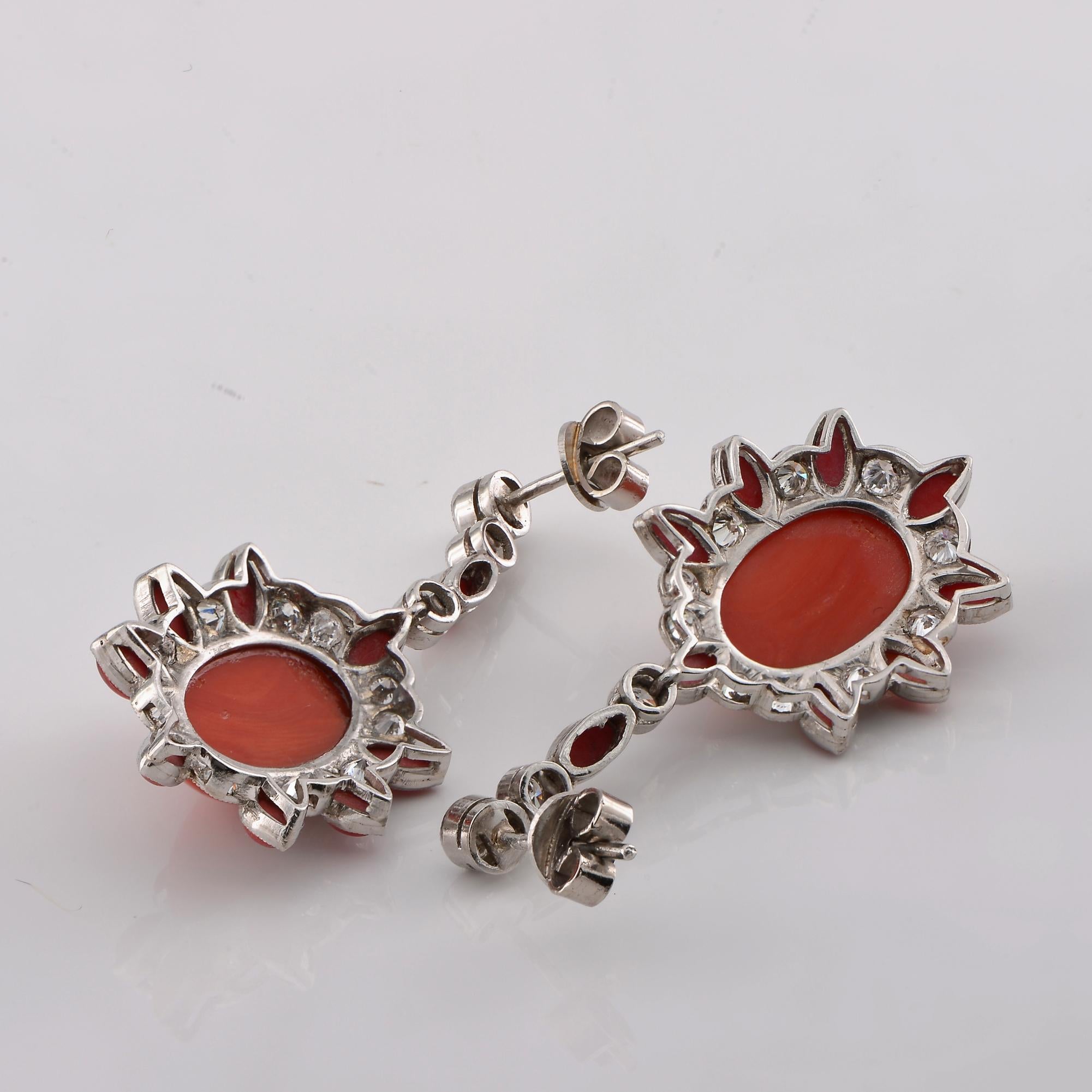 Art Deco French Natural Red Coral 2.50 Ct Diamond Platinum earrings For Sale 3