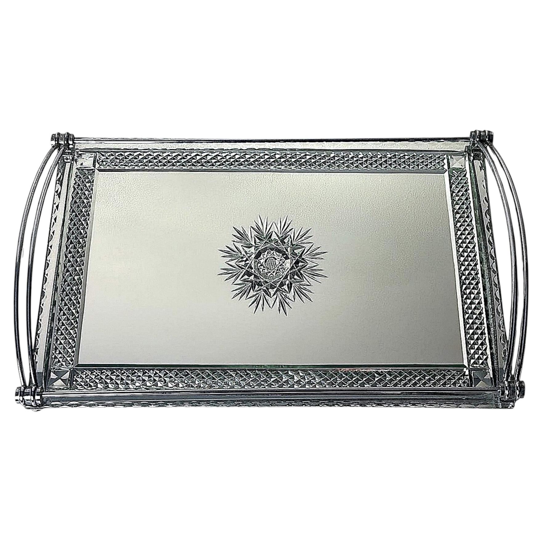 Art Deco French Nickel-Plated Metal Tray With Cut And Etched Mirror Surface