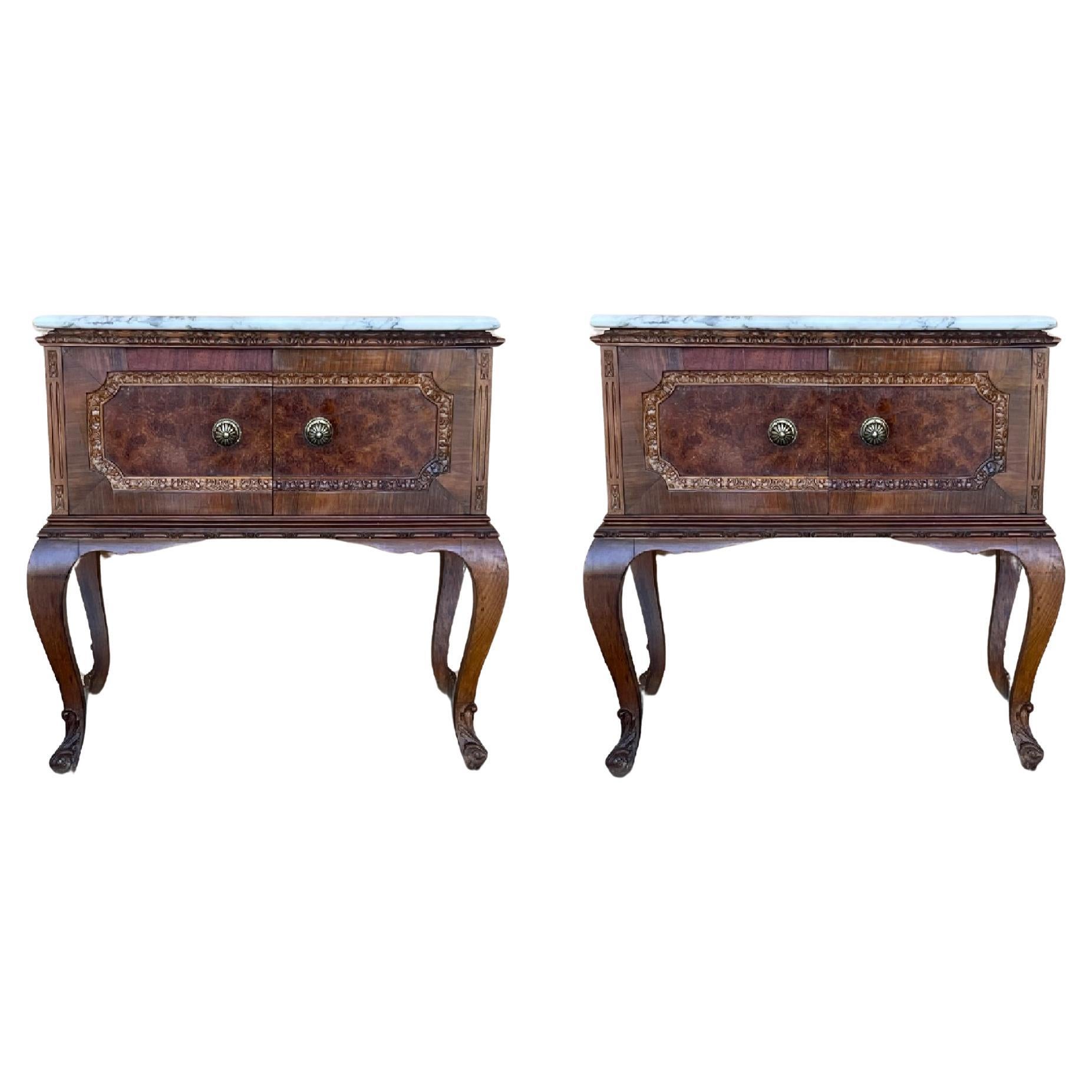 Art Deco French Nightstands with doors and Marble Top, 1930s, Set of 2