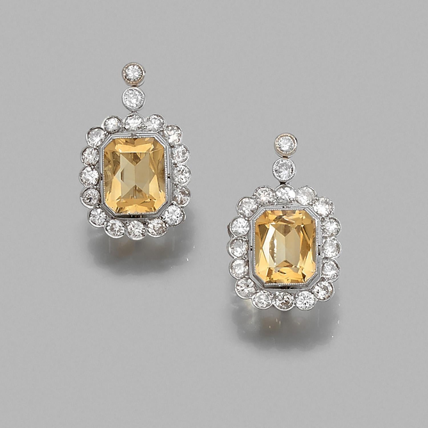 Französische Art-Déco-Ohrringe mit Diamanten im Altschliff und Citrin, um 1920 (Smaragdschliff) im Angebot