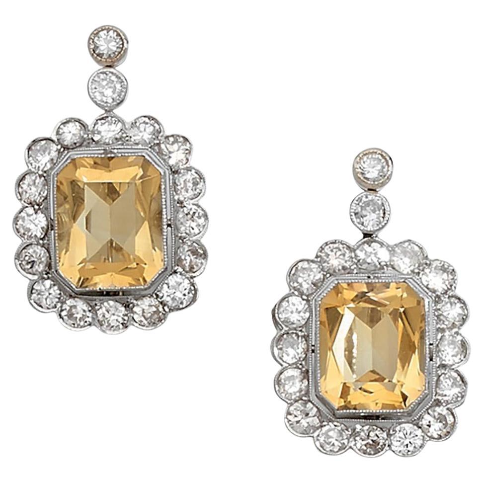 Art Deco French Old Cut Diamond and Citrine Earrings Circa 1920 For Sale