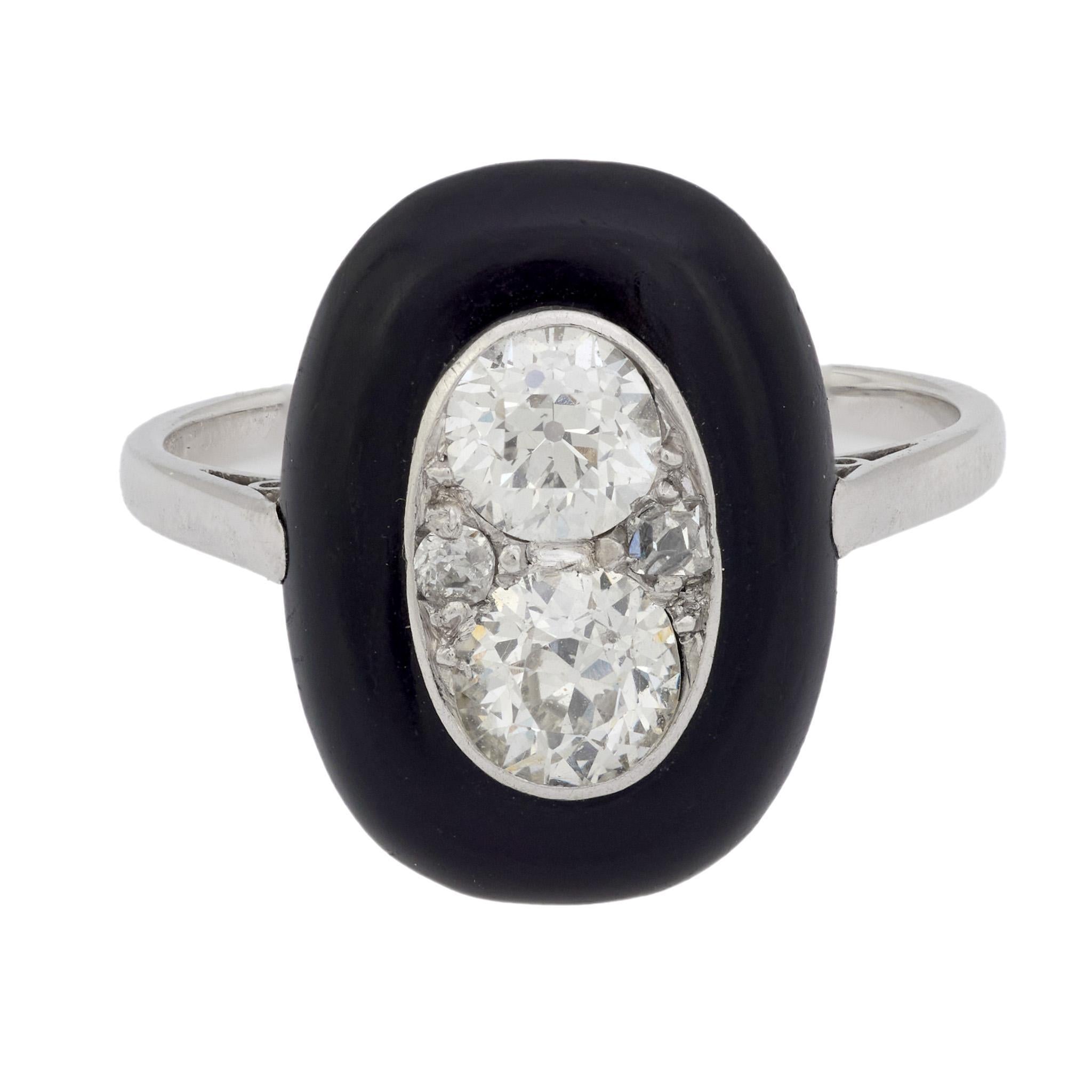 Art Deco Französisch alt geschliffener Diamant Onyx 18k Weißgold Ring (Art déco) im Angebot
