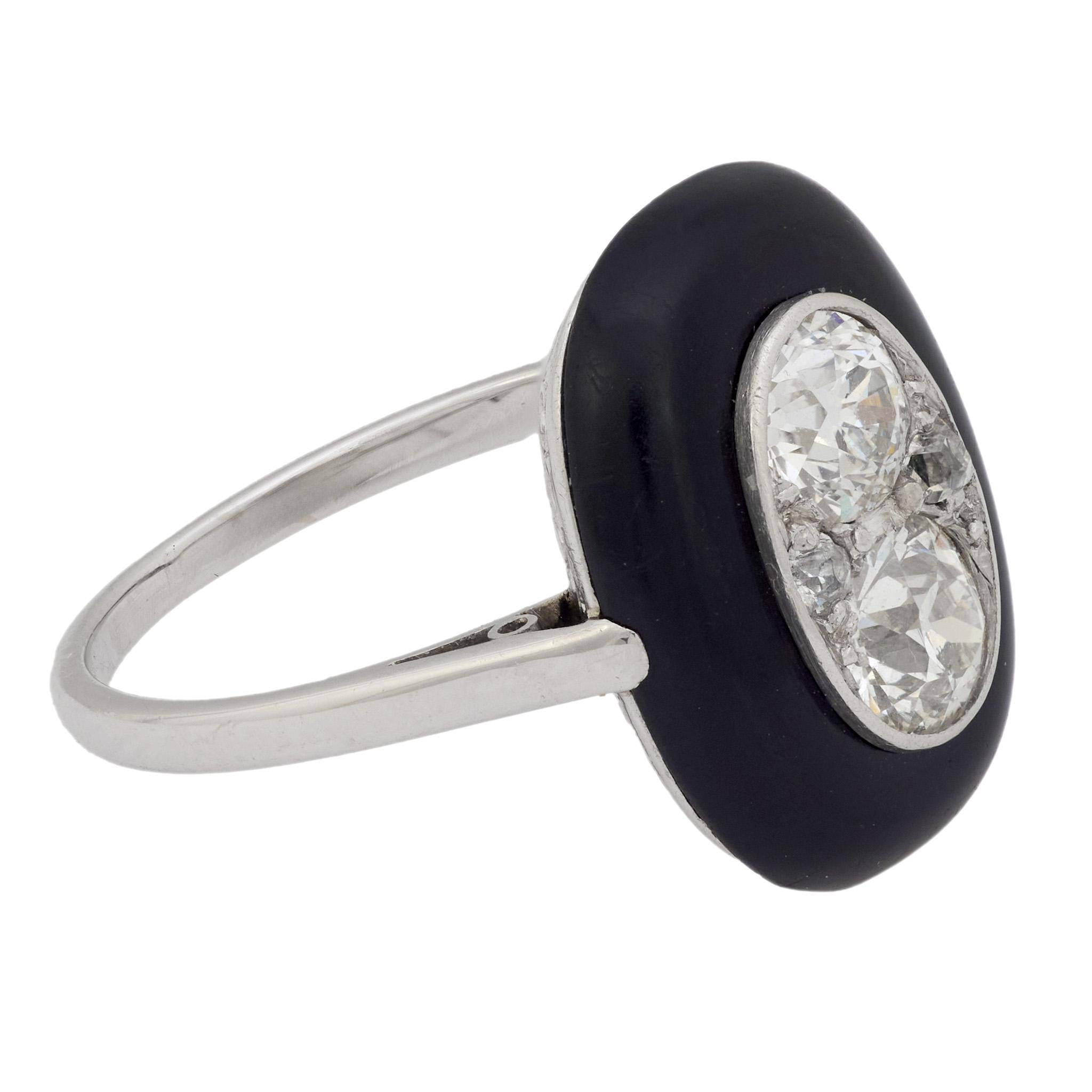 Art Deco Französisch alt geschliffener Diamant Onyx 18k Weißgold Ring im Zustand „Gut“ im Angebot in Beverly Hills, CA