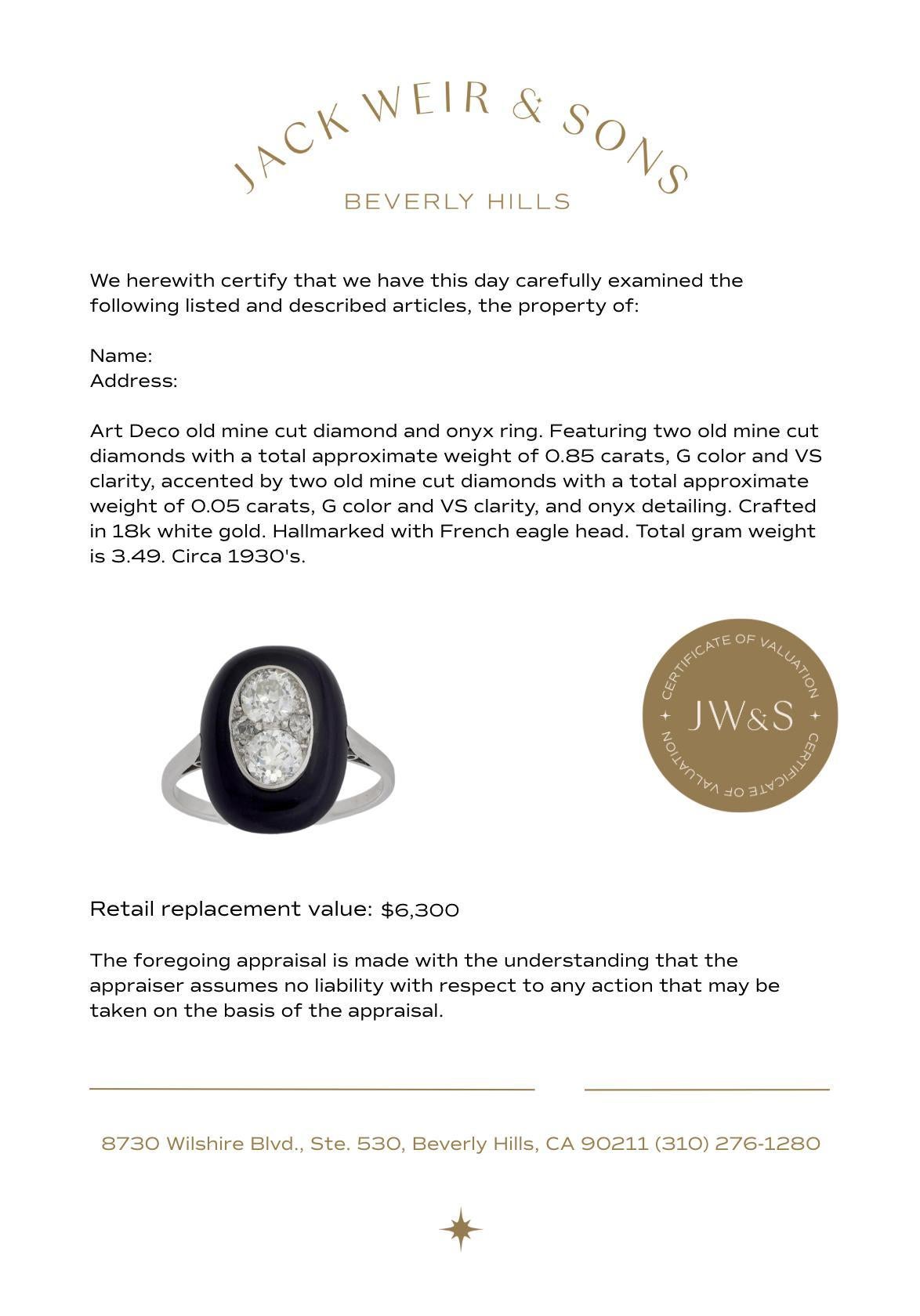 Art Deco Französisch alt geschliffener Diamant Onyx 18k Weißgold Ring Damen im Angebot