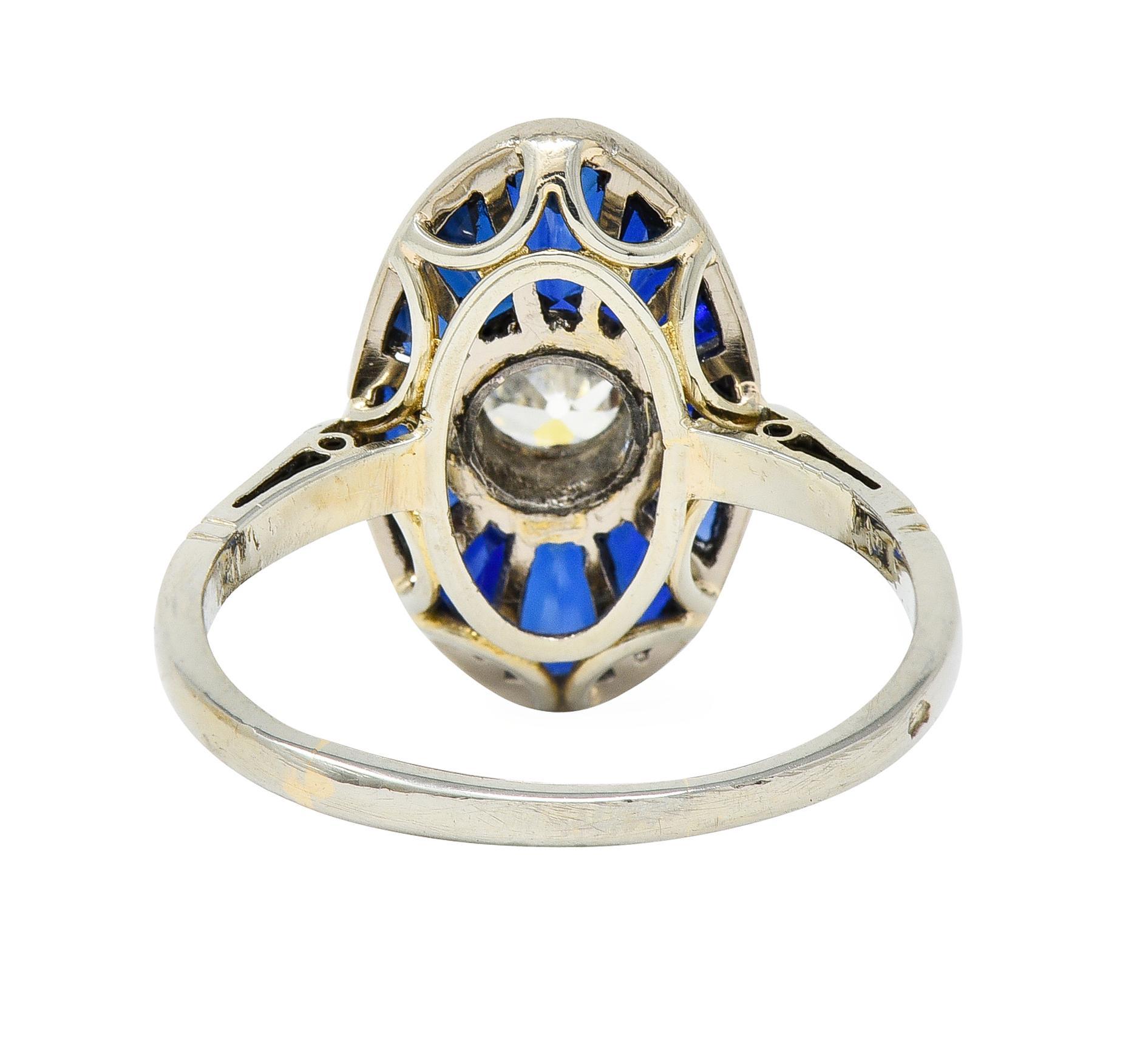 Women's or Men's Art Deco French Old European Cut Diamond 18 Karat Gold Sapphire Dinner Ring