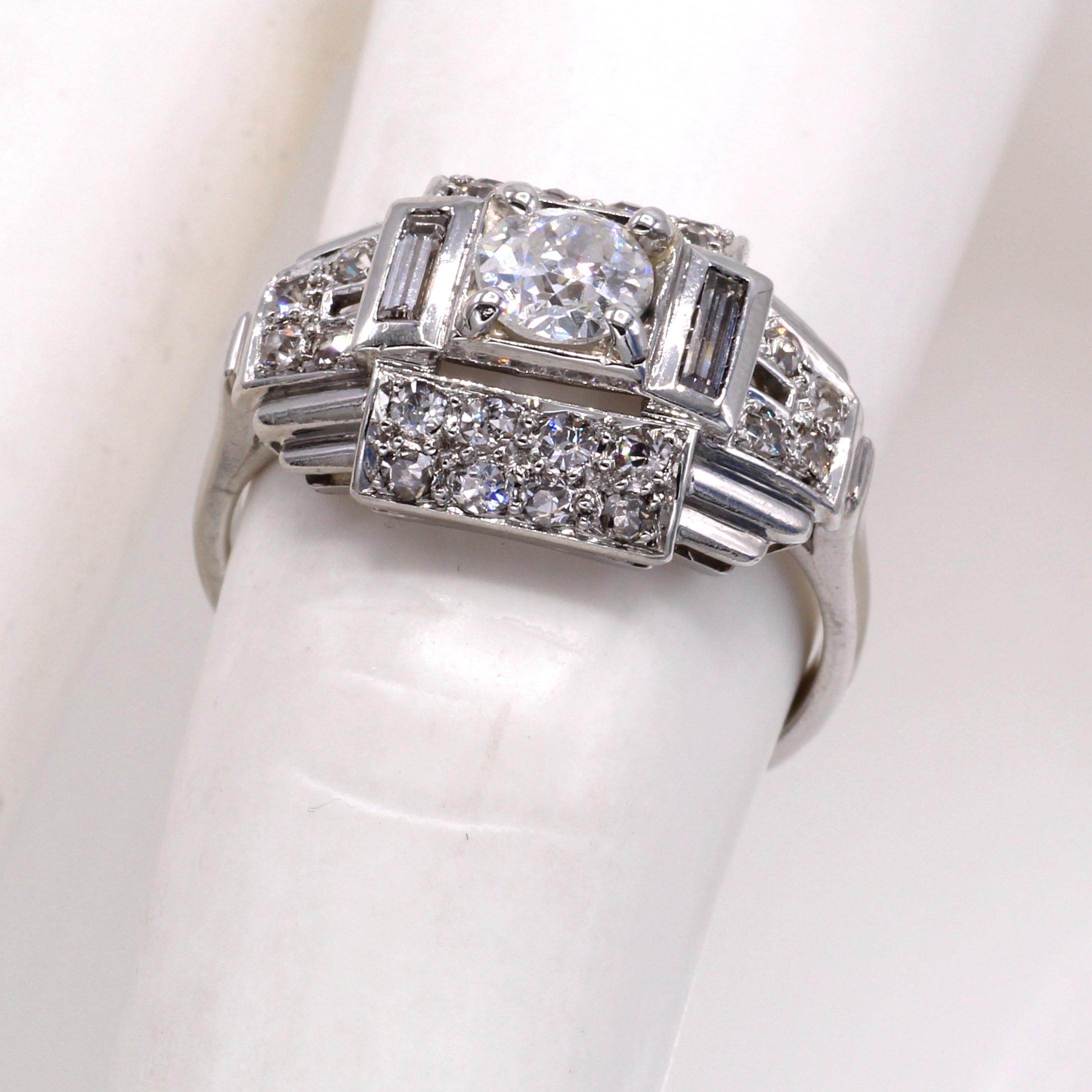 Art Deco French Old European Cut Diamond Platinum Engagement Ring In Excellent Condition In New York, NY