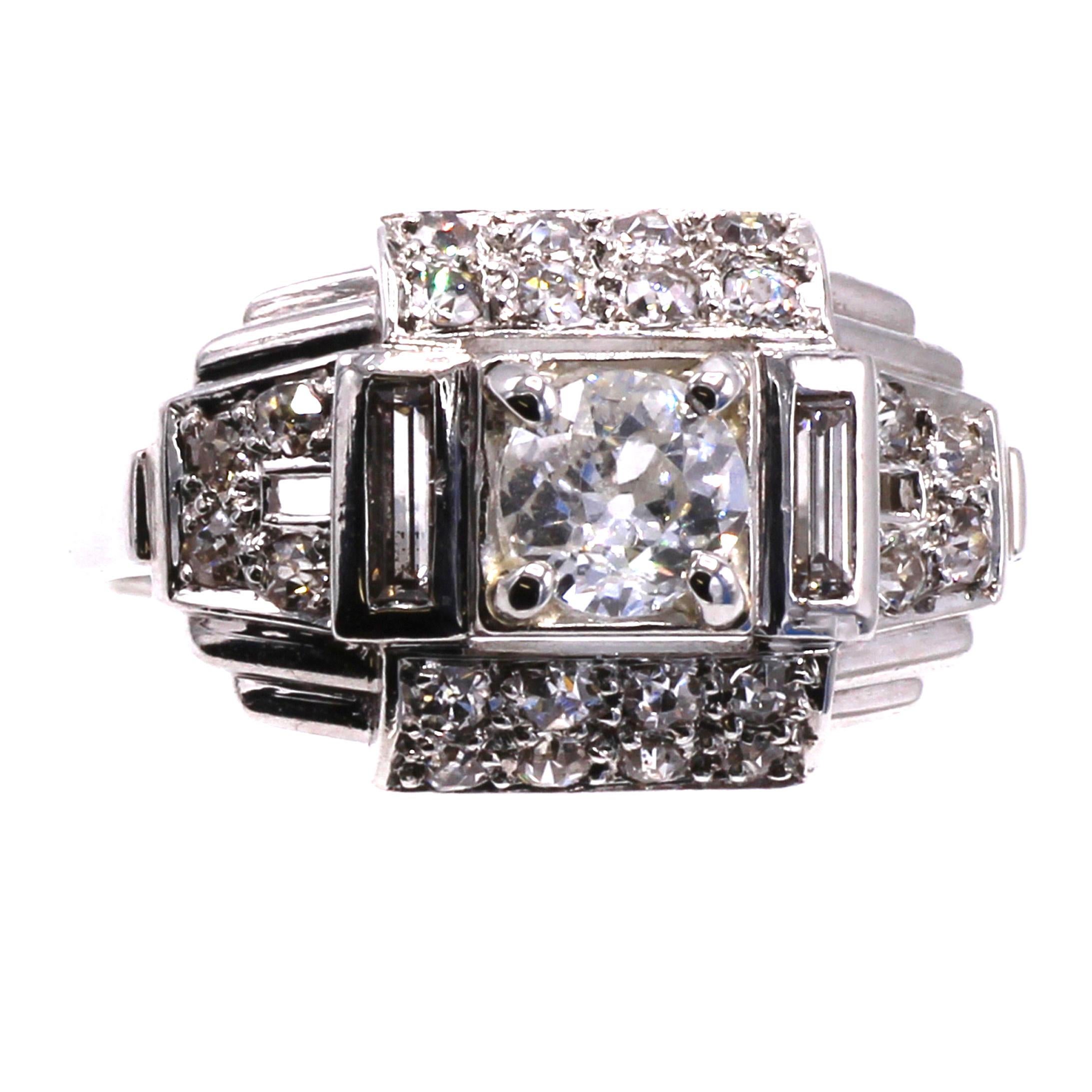 Women's or Men's Art Deco French Old European Cut Diamond Platinum Engagement Ring