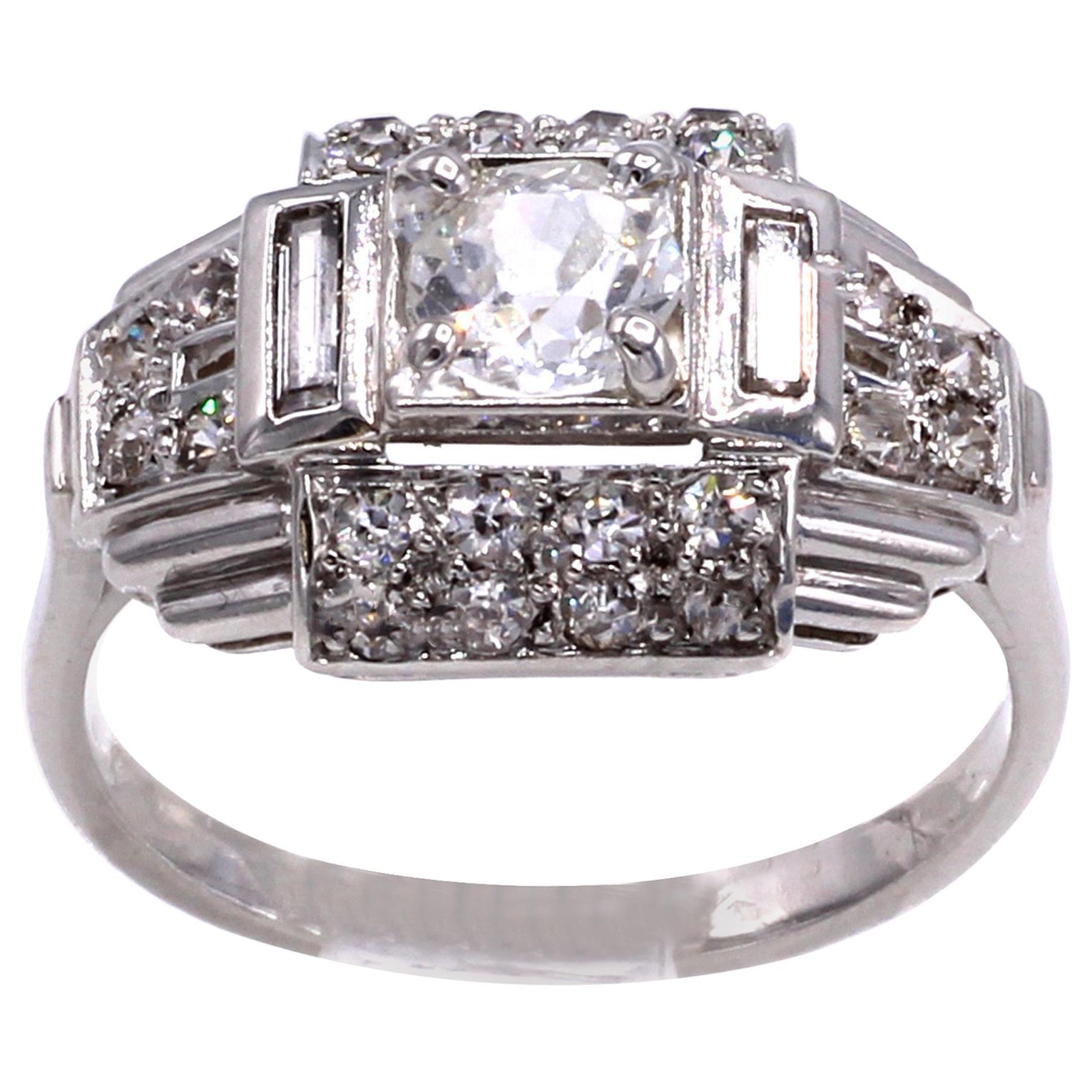 Art Deco French Old European Cut Diamond Platinum Engagement Ring